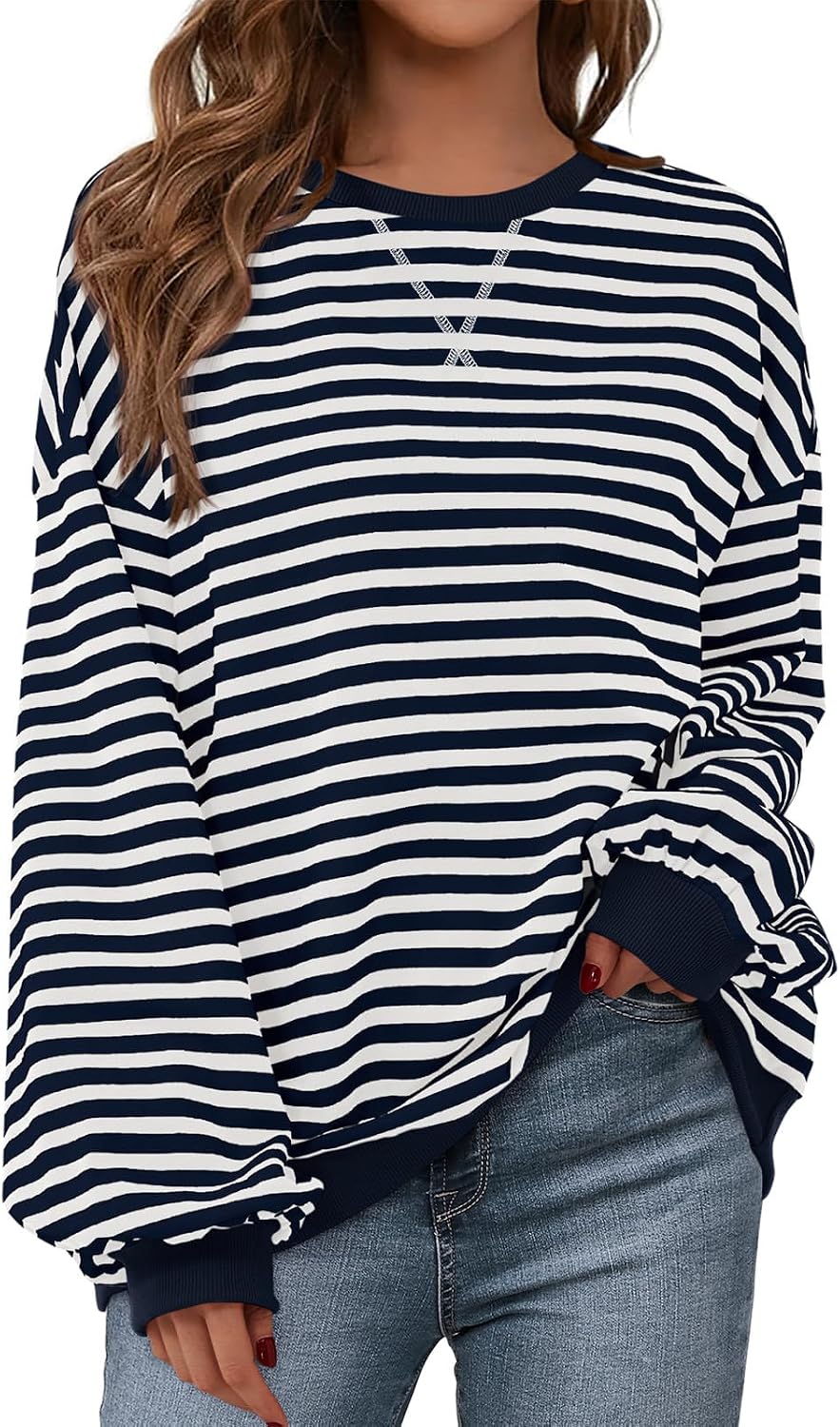 Womens Striped Oversized Sweatshirt Color Block Crew Neck Long Sleeve Casual Loose Pullover Top Y2K Clothes