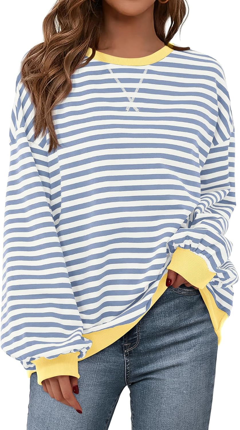 Womens Striped Oversized Sweatshirt Color Block Crew Neck Long Sleeve Casual Loose Pullover Top Y2K Clothes