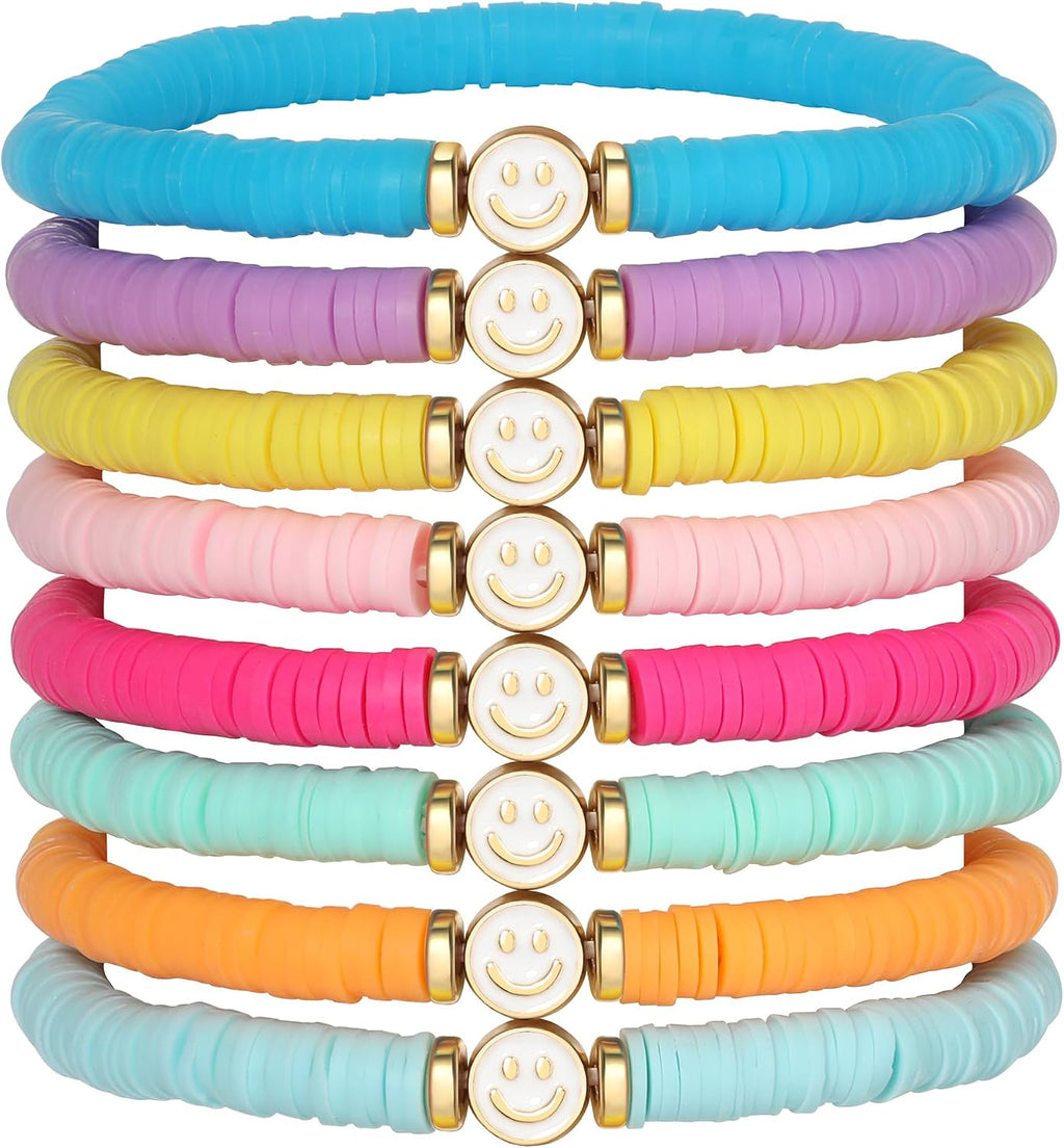 Colorful Smile Heart Star Bracelets Set - Polymer Clay Beaded Charm Jewelry for Women. Girls. Teens