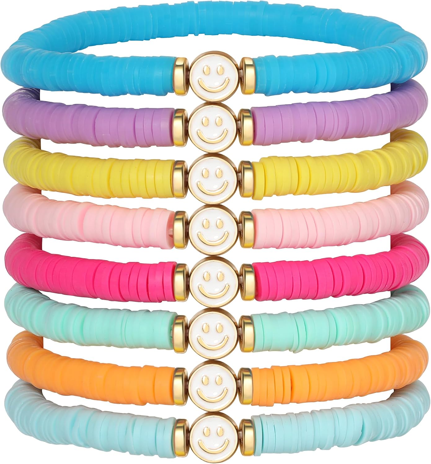 Colorful Smile Heart Star Bracelets Set - Polymer Clay Beaded Charm Jewelry for Women. Girls. Teens