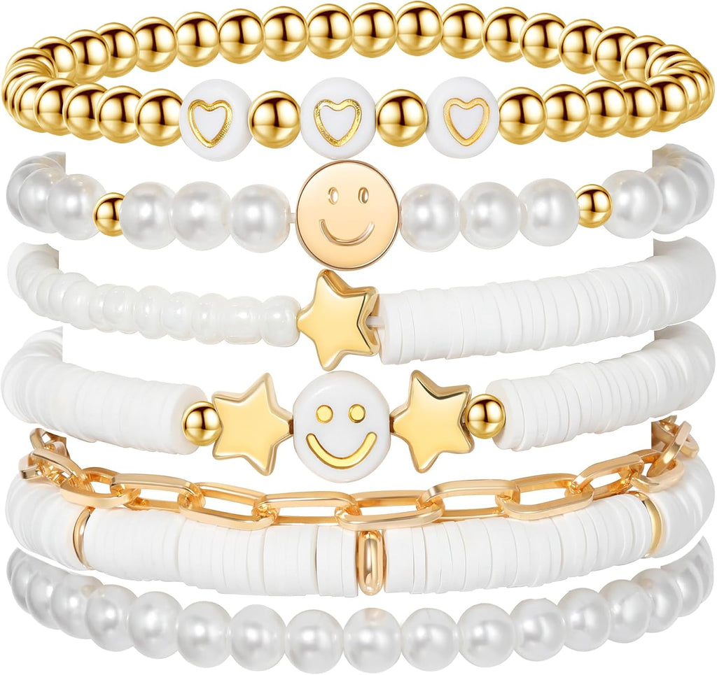 Colorful Smile Heart Star Bracelets Set - Polymer Clay Beaded Charm Jewelry for Women. Girls. Teens