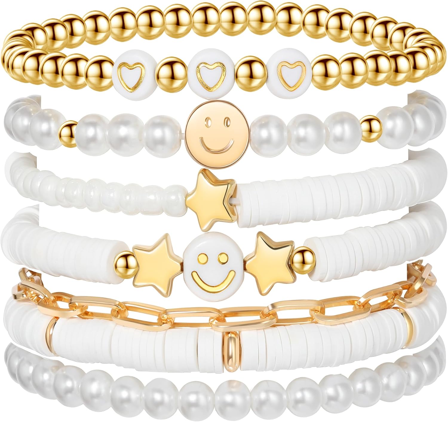 Colorful Smile Heart Star Bracelets Set - Polymer Clay Beaded Charm Jewelry for Women. Girls. Teens