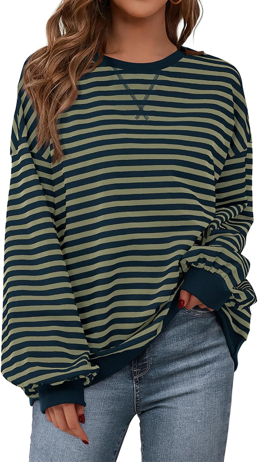 Womens Striped Oversized Sweatshirt Color Block Crew Neck Long Sleeve Casual Loose Pullover Top Y2K Clothes
