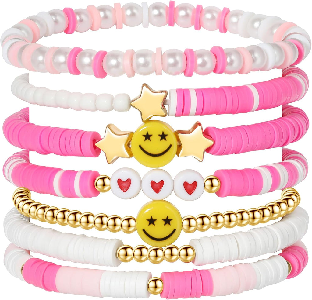 Colorful Smile Heart Star Bracelets Set - Polymer Clay Beaded Charm Jewelry for Women. Girls. Teens