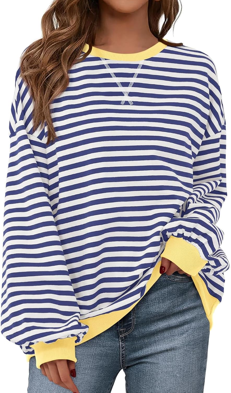 Womens Striped Oversized Sweatshirt Color Block Crew Neck Long Sleeve Casual Loose Pullover Top Y2K Clothes