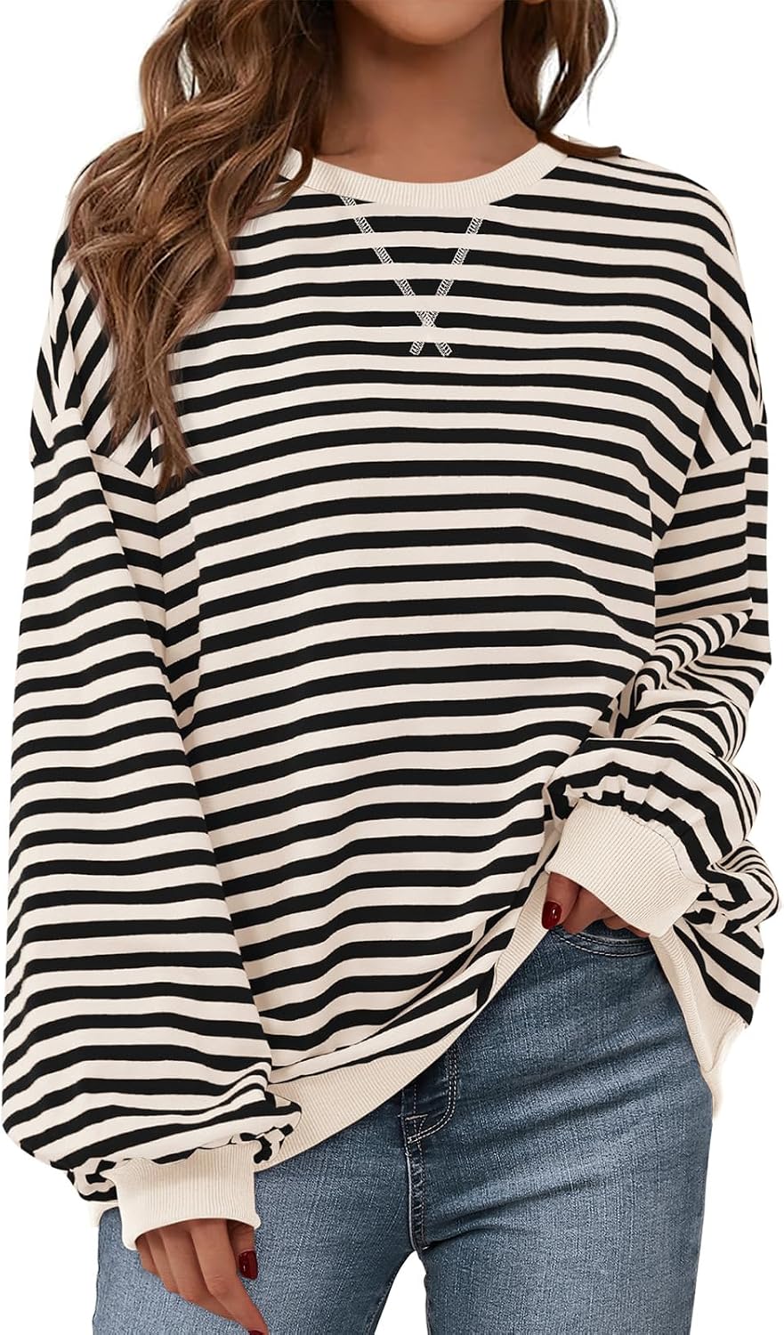 Womens Striped Oversized Sweatshirt Color Block Crew Neck Long Sleeve Casual Loose Pullover Top Y2K Clothes