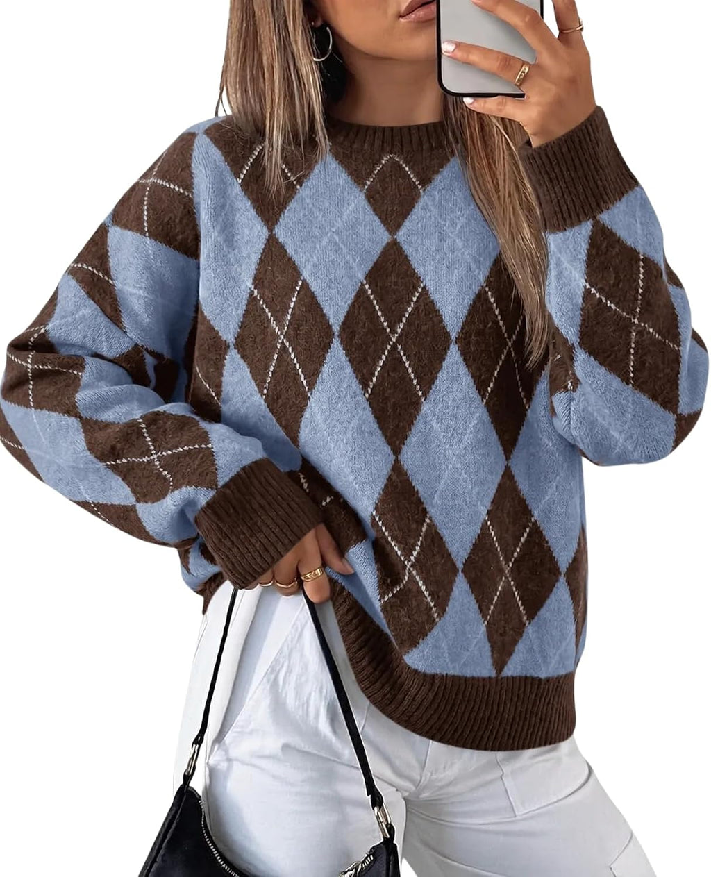Womens Oversized Sweaters Long Sleeve Argyle Plaid Trendy Casual Fall Lightweight Knit Pullover Tops Brown
