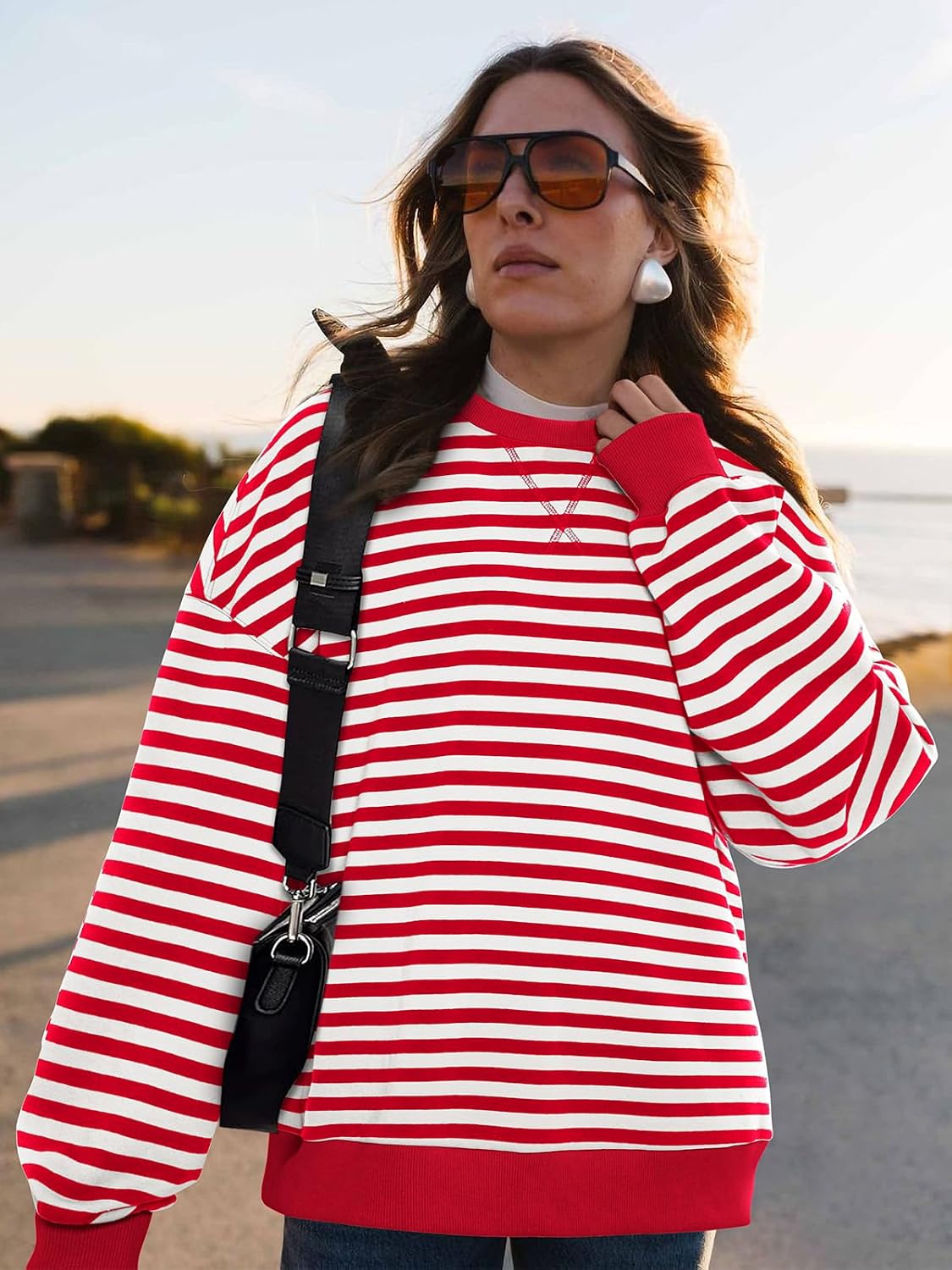 Womens Striped Oversized Sweatshirt Color Block Crew Neck Long Sleeve Casual Loose Pullover Top Y2K Clothes