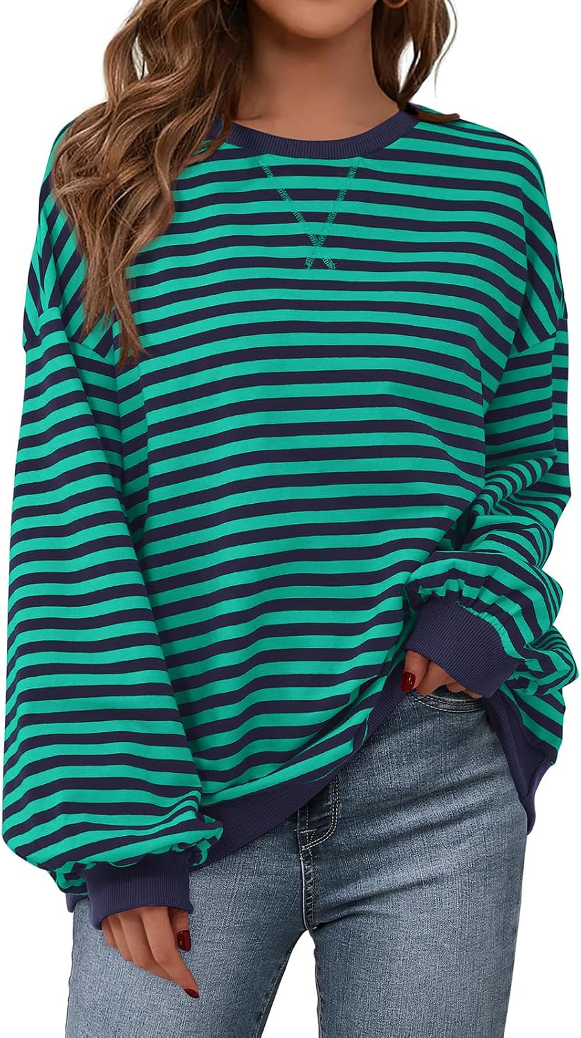 Womens Striped Oversized Sweatshirt Color Block Crew Neck Long Sleeve Casual Loose Pullover Top Y2K Clothes