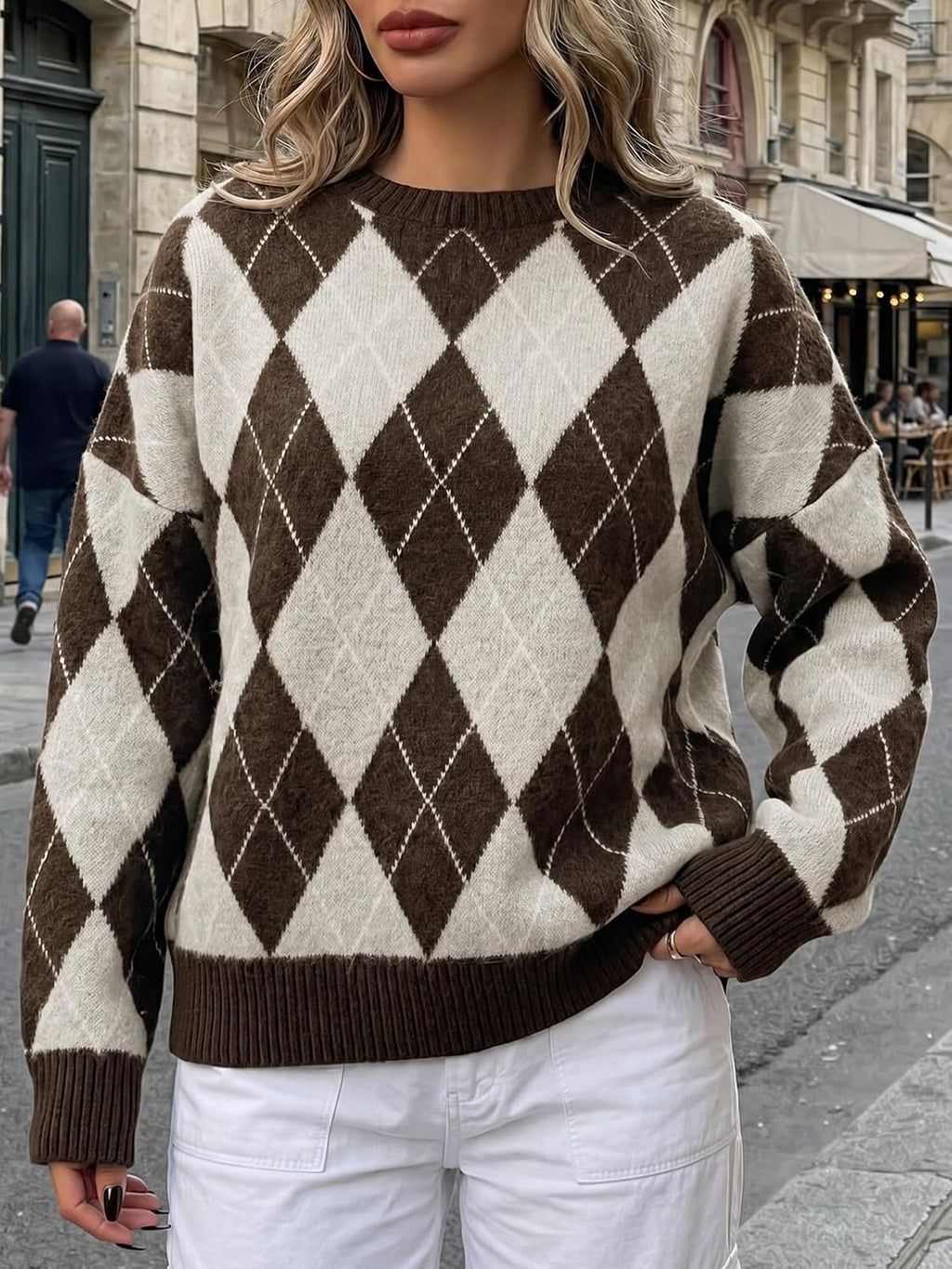 Womens Oversized Sweaters Long Sleeve Argyle Plaid Trendy Casual Fall Lightweight Knit Pullover Tops Brown