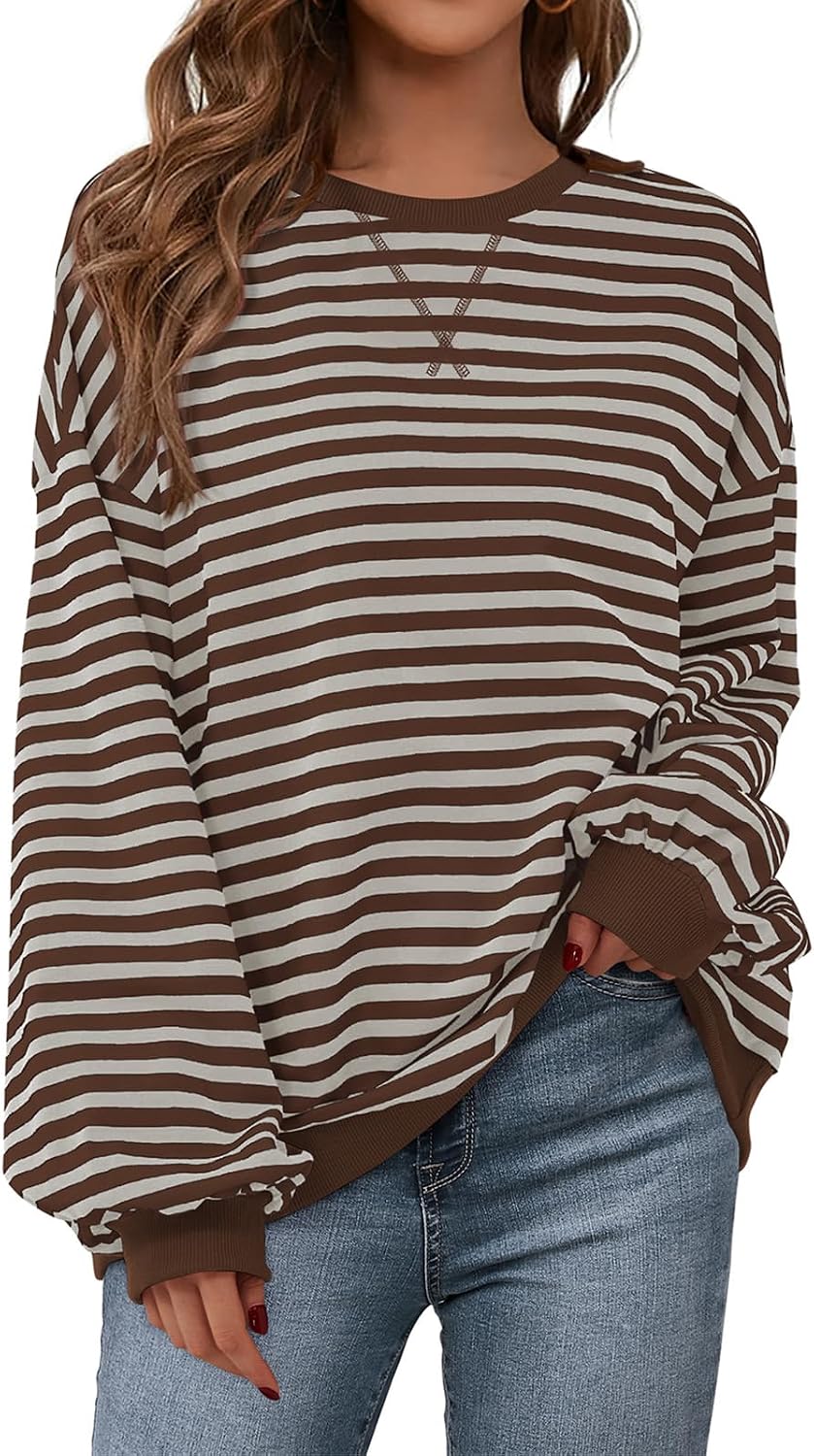 Womens Striped Oversized Sweatshirt Color Block Crew Neck Long Sleeve Casual Loose Pullover Top Y2K Clothes