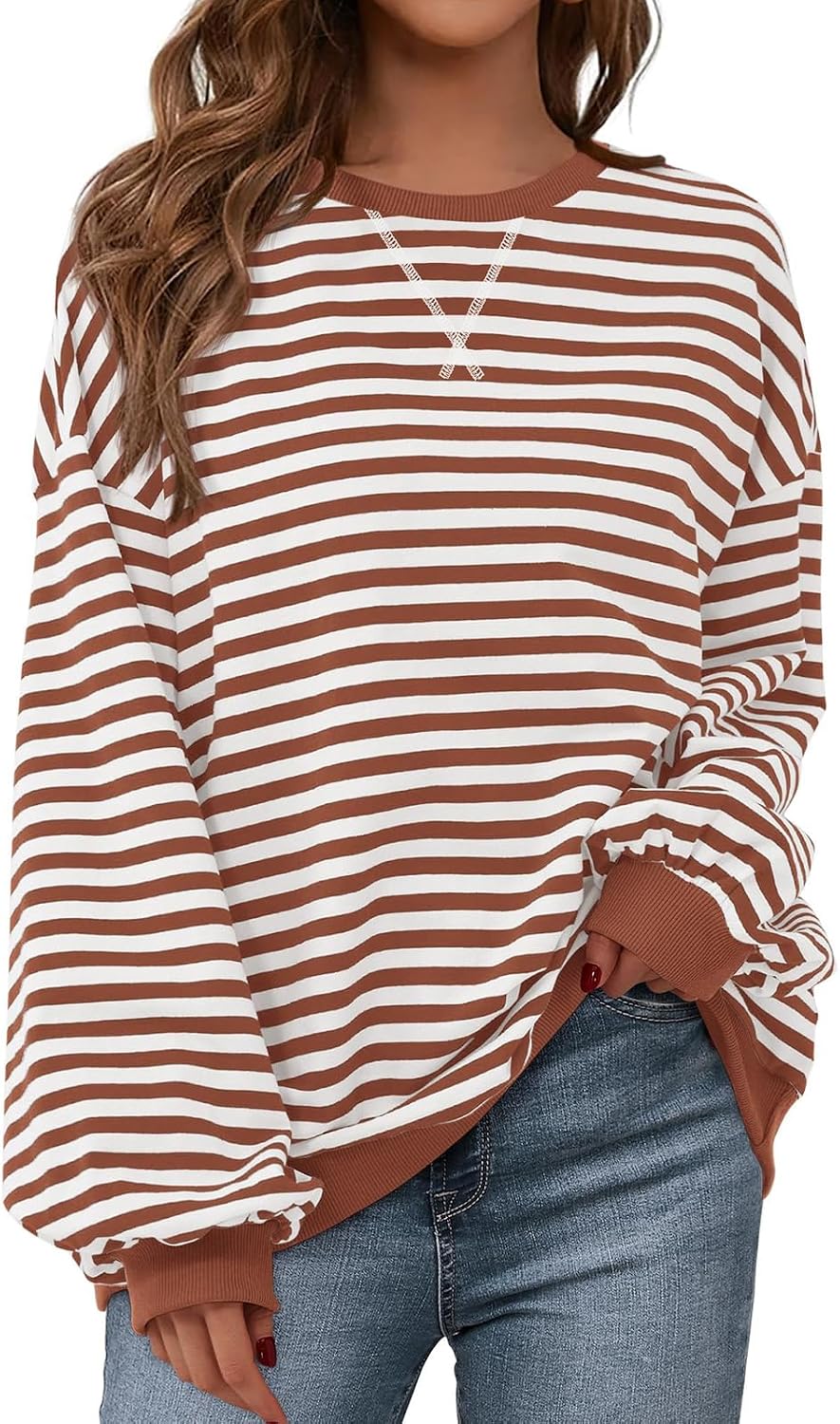 Womens Striped Oversized Sweatshirt Color Block Crew Neck Long Sleeve Casual Loose Pullover Top Y2K Clothes