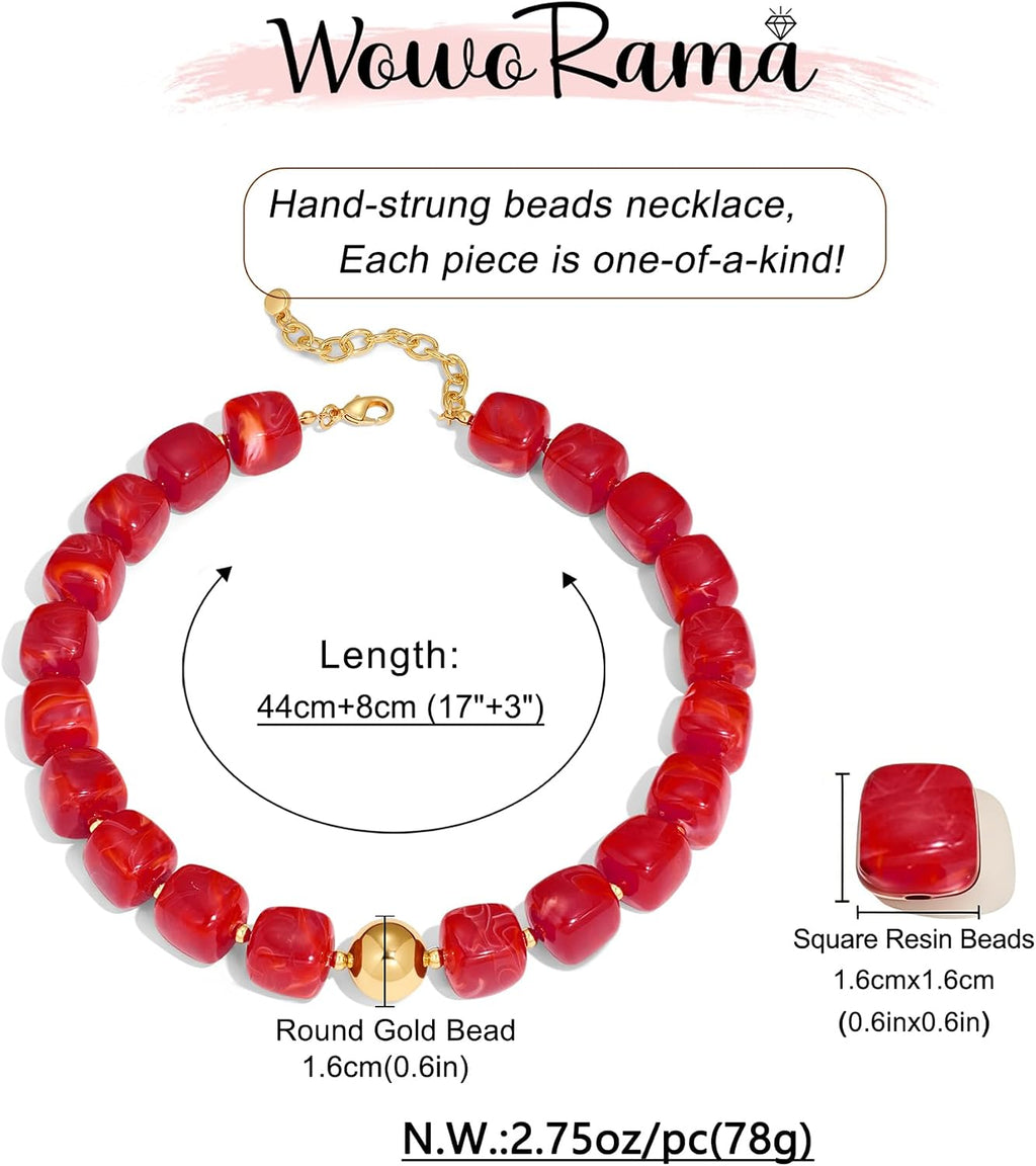 Chunky Beaded Choker Necklace for Women Deep Red Large Square Resin Beads Necklace Trendy Statement Chunky Necklaces Wedding Party Jewelry