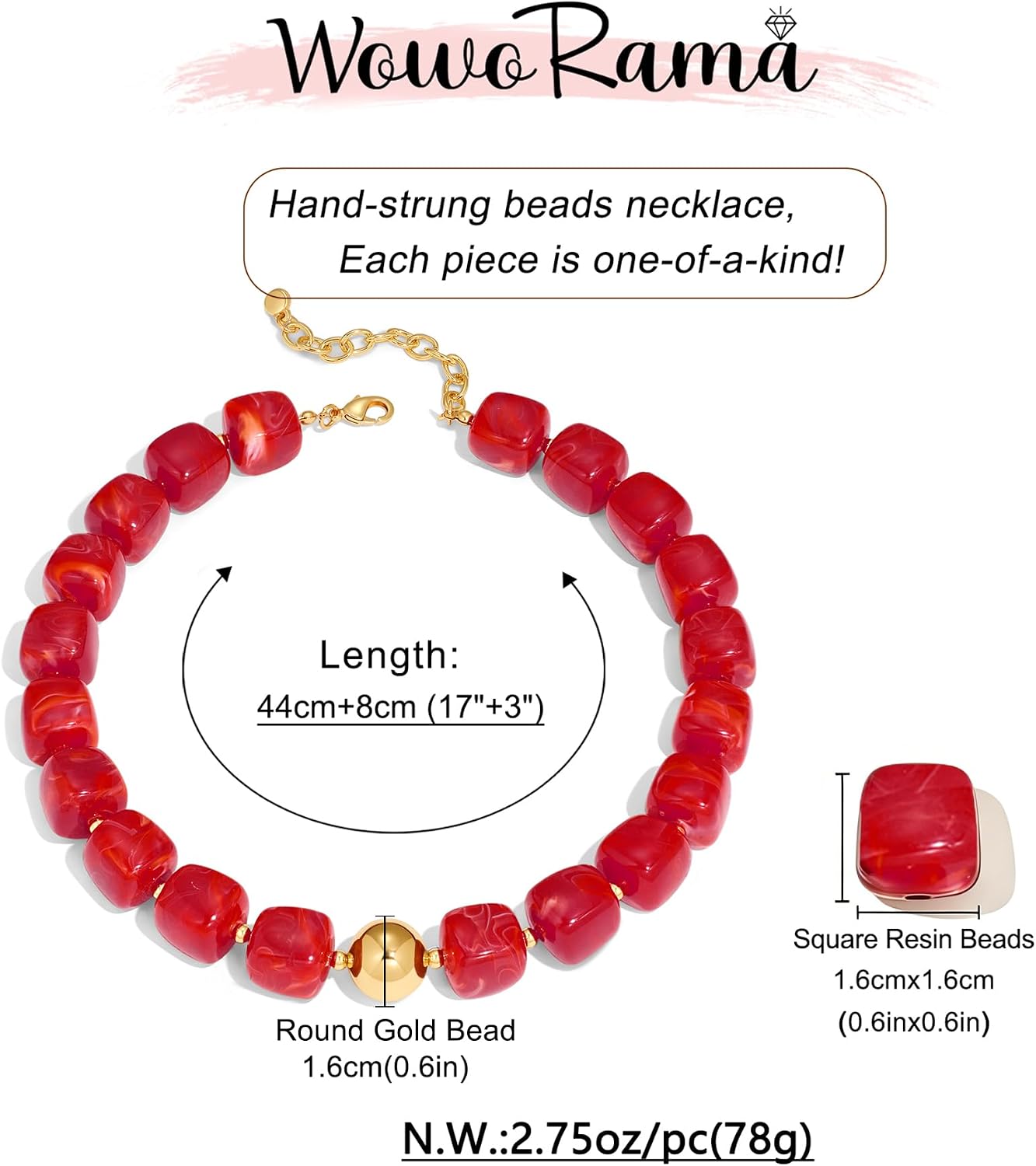 Chunky Beaded Choker Necklace for Women Deep Red Large Square Resin Beads Necklace Trendy Statement Chunky Necklaces Wedding Party Jewelry