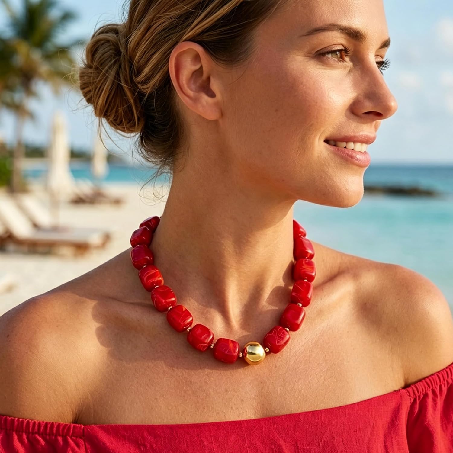 Chunky Beaded Choker Necklace for Women Deep Red Large Square Resin Beads Necklace Trendy Statement Chunky Necklaces Wedding Party Jewelry