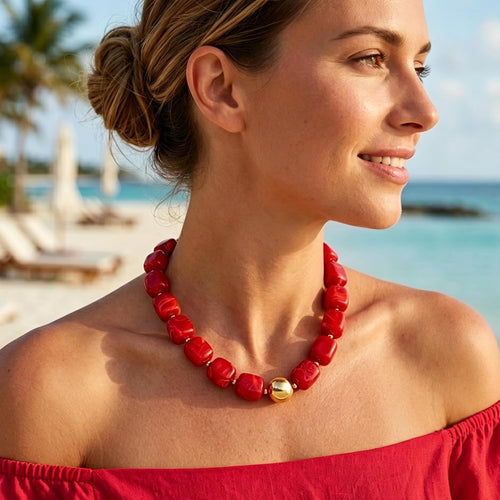 Chunky Beaded Choker Necklace for Women Deep Red Large Square Resin Beads Necklace Trendy Statement Chunky Necklaces Wedding Party Jewelry
