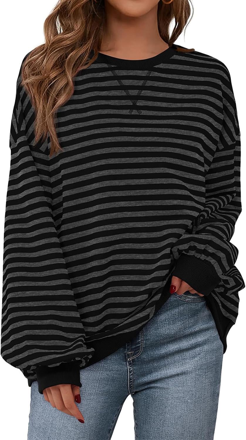 Womens Striped Oversized Sweatshirt Color Block Crew Neck Long Sleeve Casual Loose Pullover Top Y2K Clothes