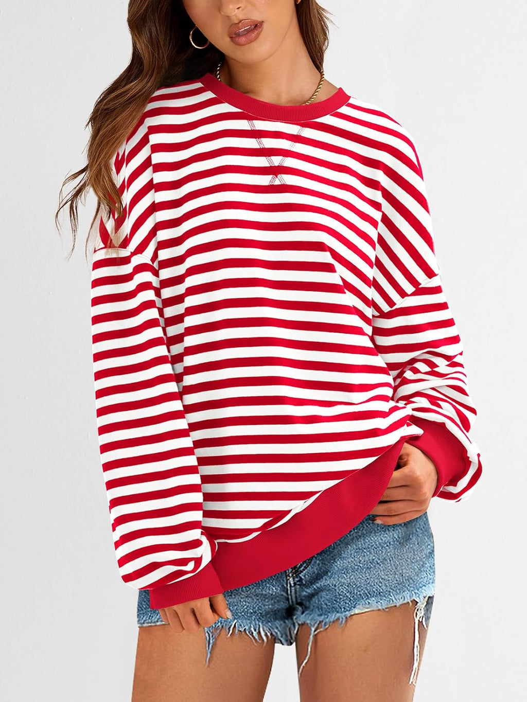 Womens Striped Oversized Sweatshirt Color Block Crew Neck Long Sleeve Casual Loose Pullover Top Y2K Clothes