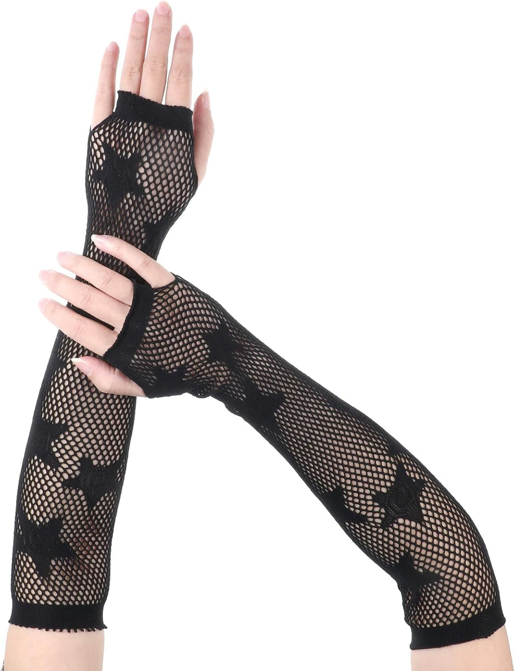 Fishnet Gloves Fingerless Five-Pointed Star Gloves Long Fishnet Arm Sleeves Black Mesh Gloves for Women Cosplay Punk 80s Emo Party Halloween Costume Scene Accessories