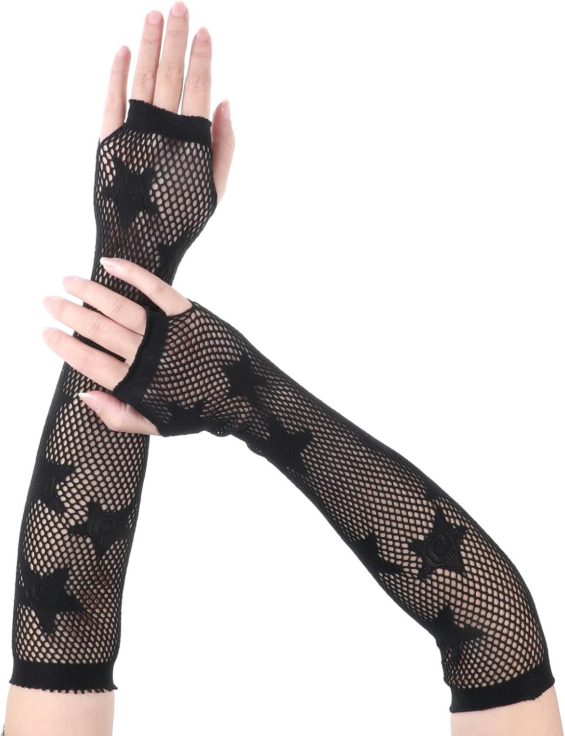 Fishnet Gloves Fingerless Five-Pointed Star Gloves Long Fishnet Arm Sleeves Black Mesh Gloves for Women Cosplay Punk 80s Emo Party Halloween Costume Scene Accessories