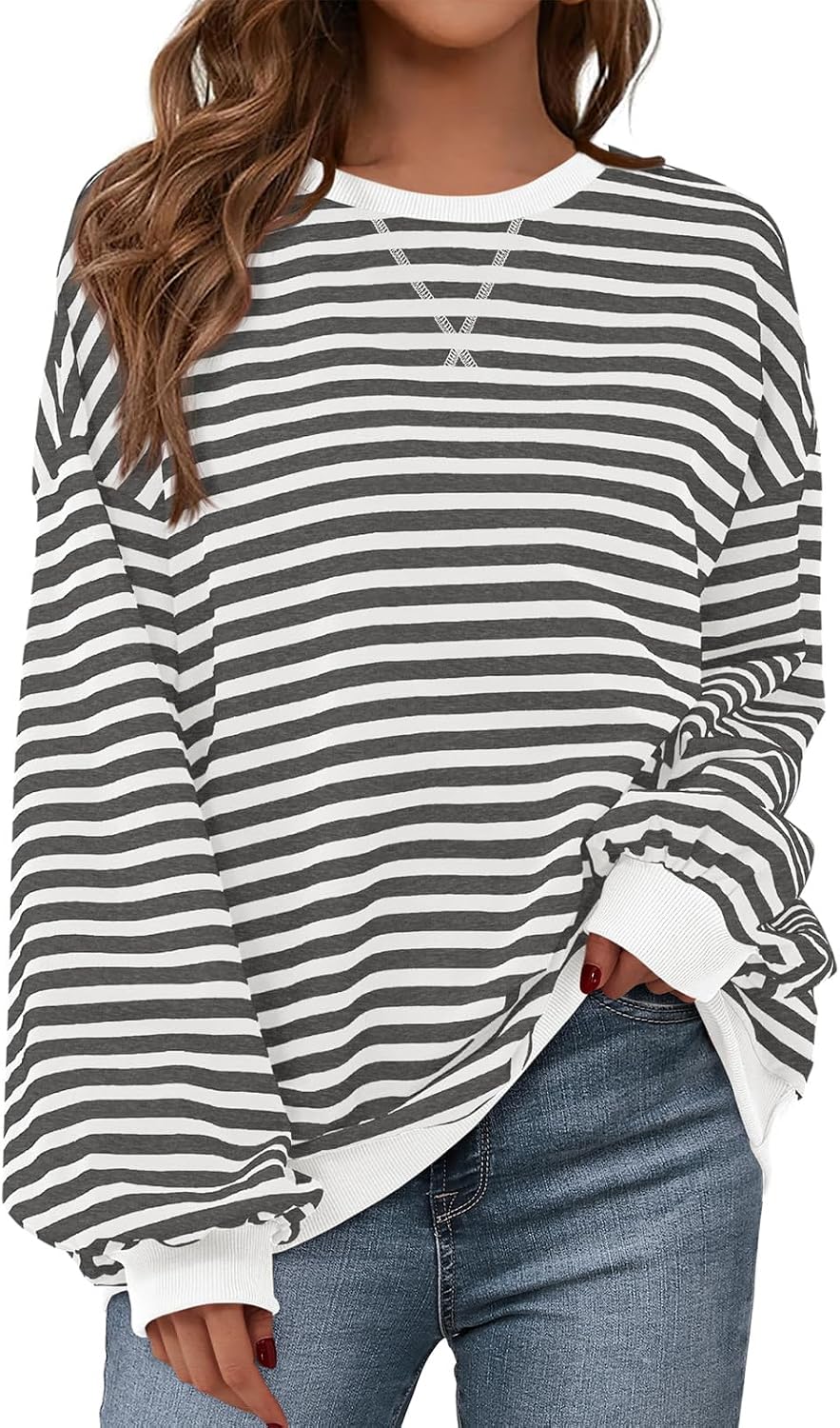 Womens Striped Oversized Sweatshirt Color Block Crew Neck Long Sleeve Casual Loose Pullover Top Y2K Clothes