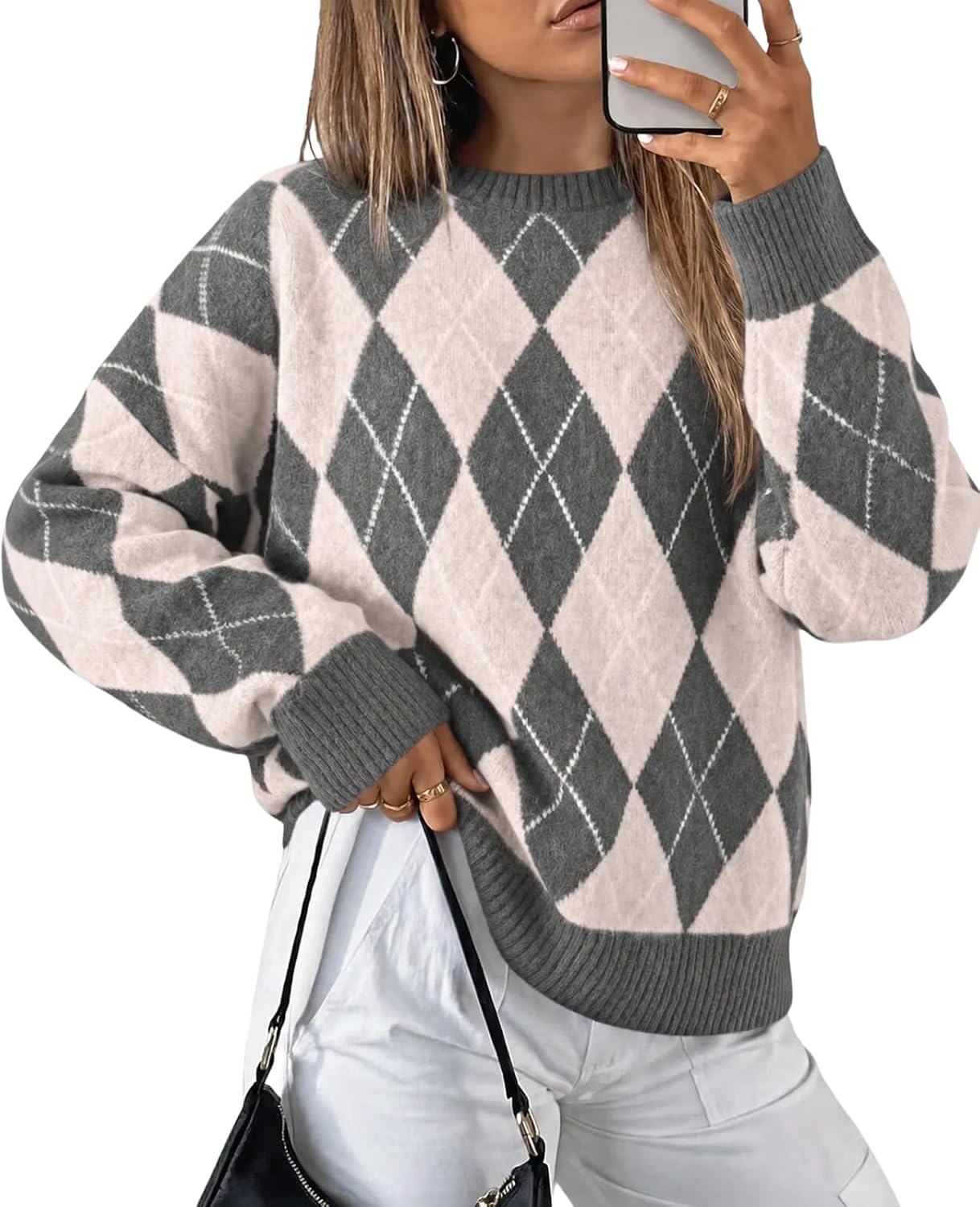 Womens Oversized Sweaters Long Sleeve Argyle Plaid Trendy Casual Fall Lightweight Knit Pullover Tops Brown