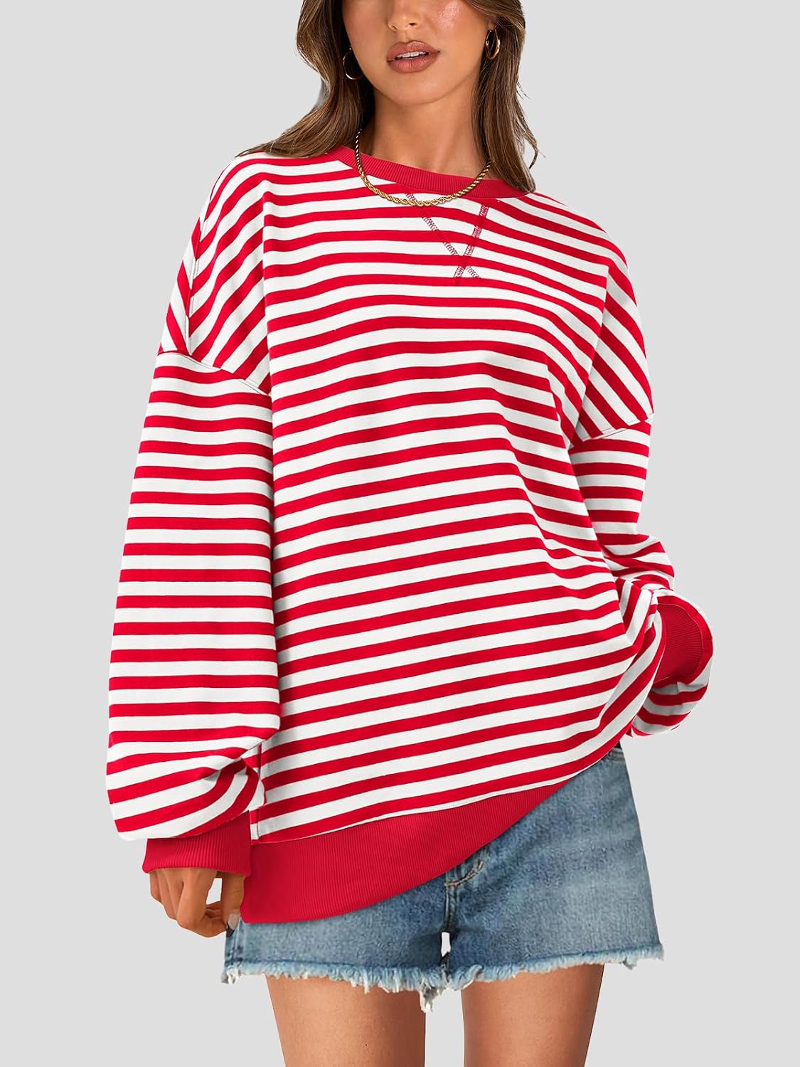 Womens Striped Oversized Sweatshirt Color Block Crew Neck Long Sleeve Casual Loose Pullover Top Y2K Clothes