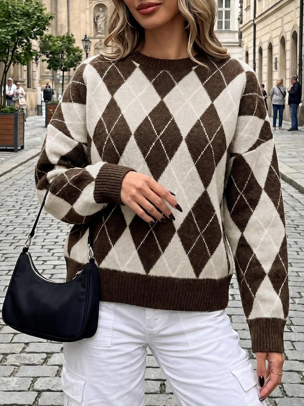 Womens Oversized Sweaters Long Sleeve Argyle Plaid Trendy Casual Fall Lightweight Knit Pullover Tops Brown