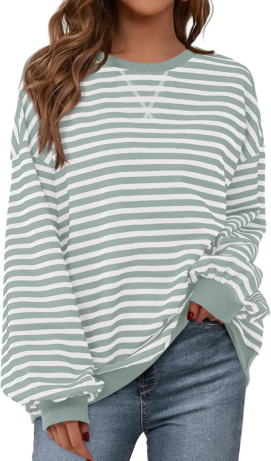 Womens Striped Oversized Sweatshirt Color Block Crew Neck Long Sleeve Casual Loose Pullover Top Y2K Clothes