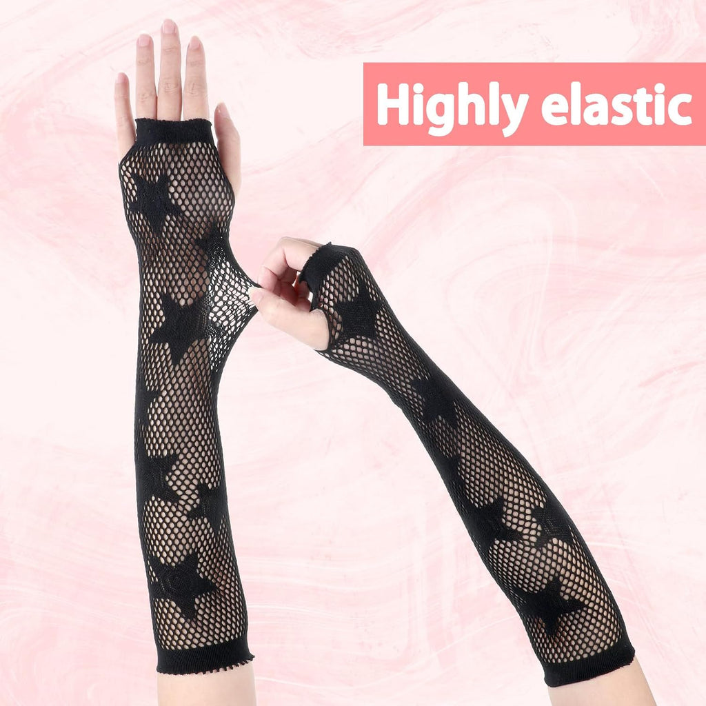 Fishnet Gloves Fingerless Five-Pointed Star Gloves Long Fishnet Arm Sleeves Black Mesh Gloves for Women Cosplay Punk 80s Emo Party Halloween Costume Scene Accessories