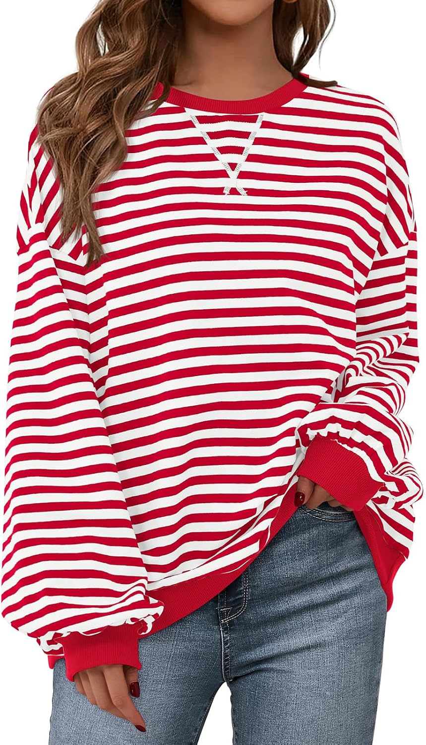 Womens Striped Oversized Sweatshirt Color Block Crew Neck Long Sleeve Casual Loose Pullover Top Y2K Clothes