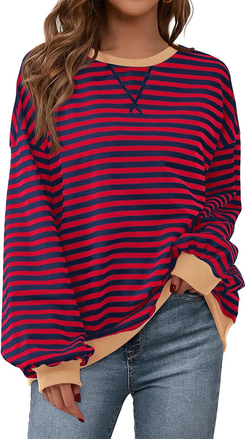 Womens Striped Oversized Sweatshirt Color Block Crew Neck Long Sleeve Casual Loose Pullover Top Y2K Clothes