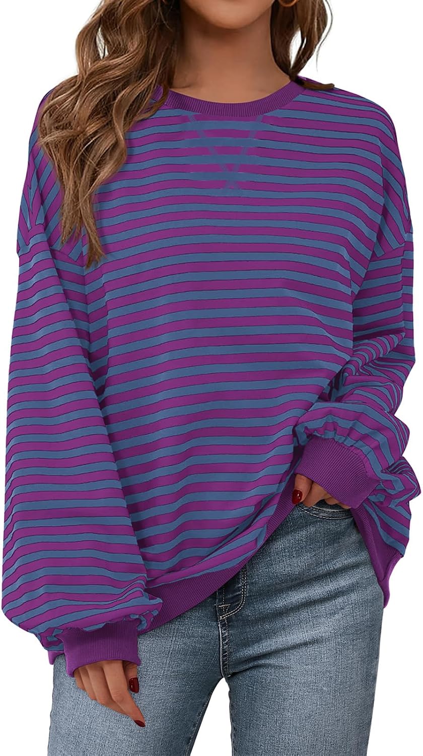 Womens Striped Oversized Sweatshirt Color Block Crew Neck Long Sleeve Casual Loose Pullover Top Y2K Clothes