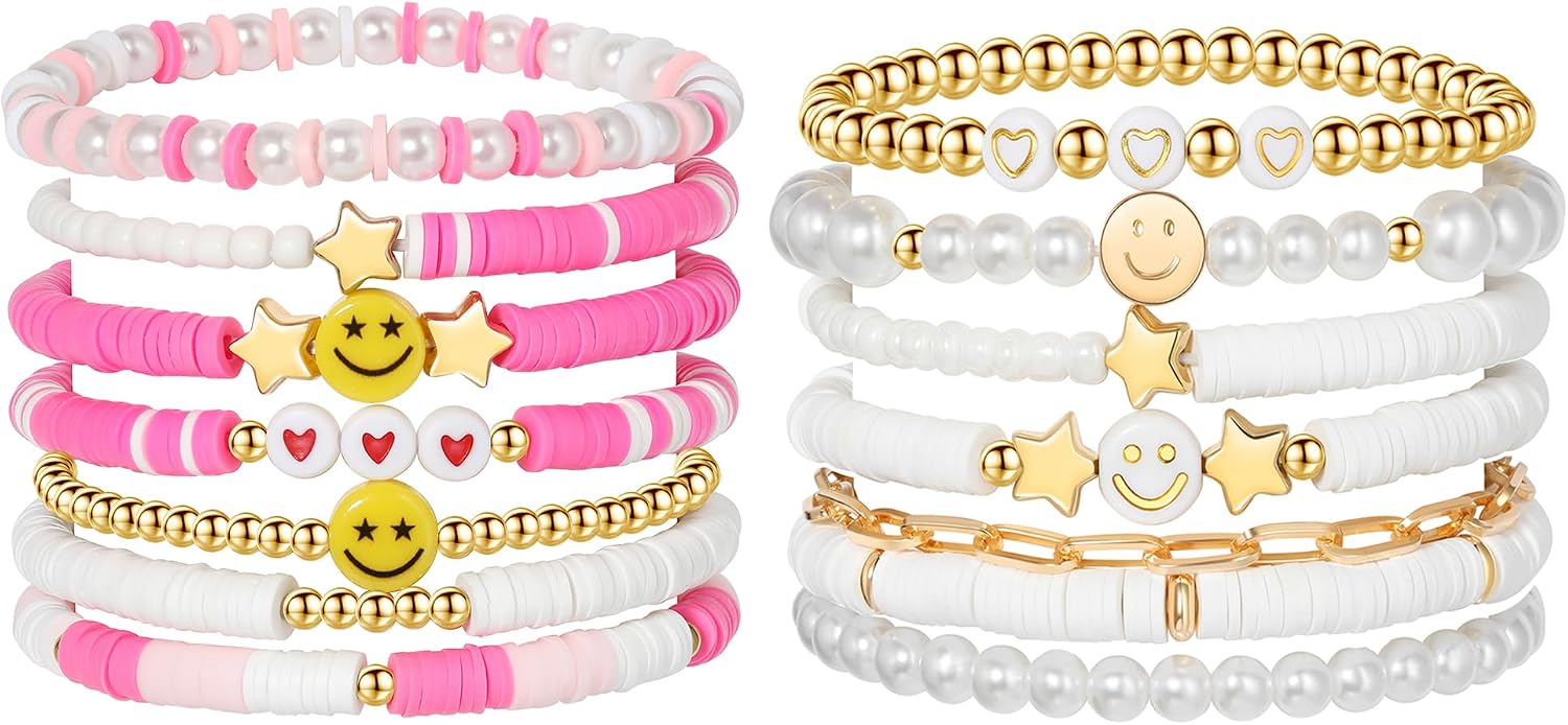 Colorful Smile Heart Star Bracelets Set - Polymer Clay Beaded Charm Jewelry for Women. Girls. Teens