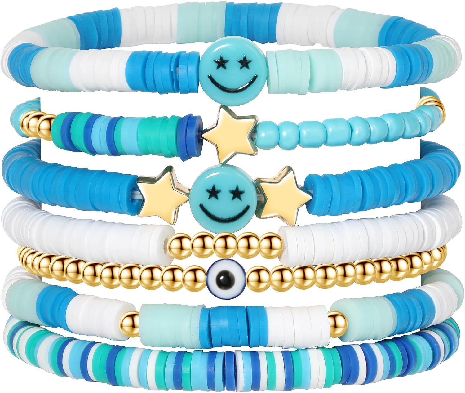 Colorful Smile Heart Star Bracelets Set - Polymer Clay Beaded Charm Jewelry for Women. Girls. Teens