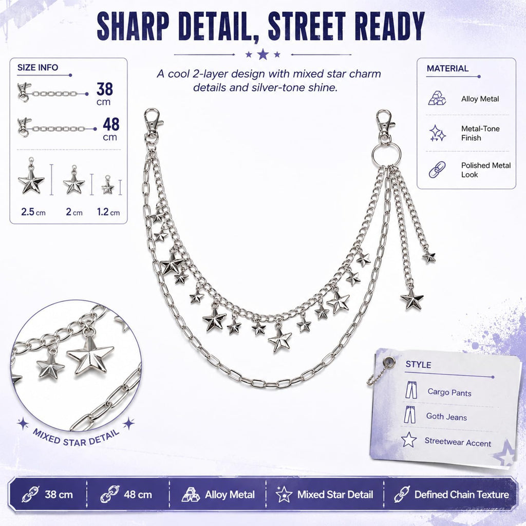 Y2K Star Pants Chain for Men Jean Chains for Women Pocket Chain for Pants Biker Hip Punk Chains Y2K Jewelry for Women Accessory Silver Trendy Fashion for Music Festival Concert Cosplay