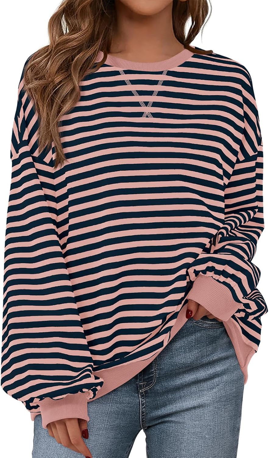 Womens Striped Oversized Sweatshirt Color Block Crew Neck Long Sleeve Casual Loose Pullover Top Y2K Clothes