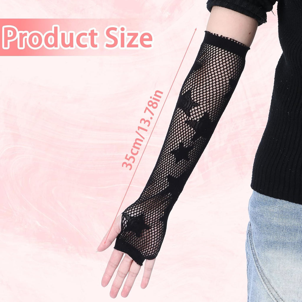 Fishnet Gloves Fingerless Five-Pointed Star Gloves Long Fishnet Arm Sleeves Black Mesh Gloves for Women Cosplay Punk 80s Emo Party Halloween Costume Scene Accessories