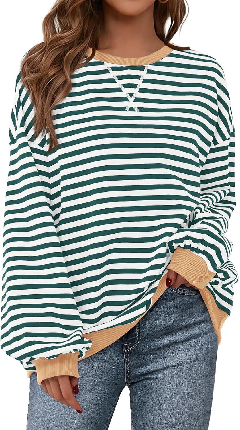 Womens Striped Oversized Sweatshirt Color Block Crew Neck Long Sleeve Casual Loose Pullover Top Y2K Clothes