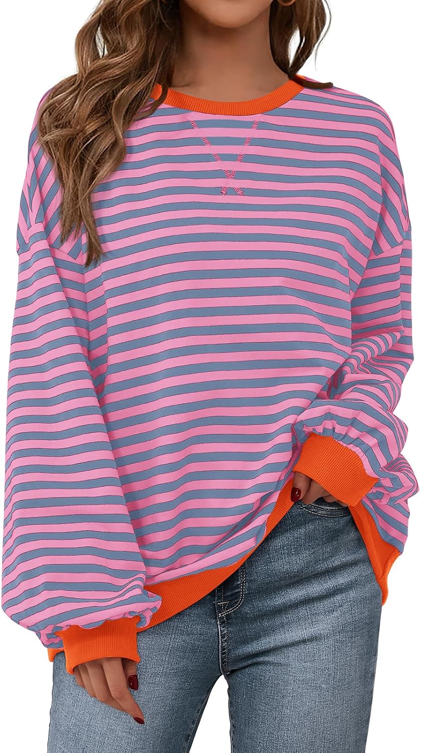 Womens Striped Oversized Sweatshirt Color Block Crew Neck Long Sleeve Casual Loose Pullover Top Y2K Clothes