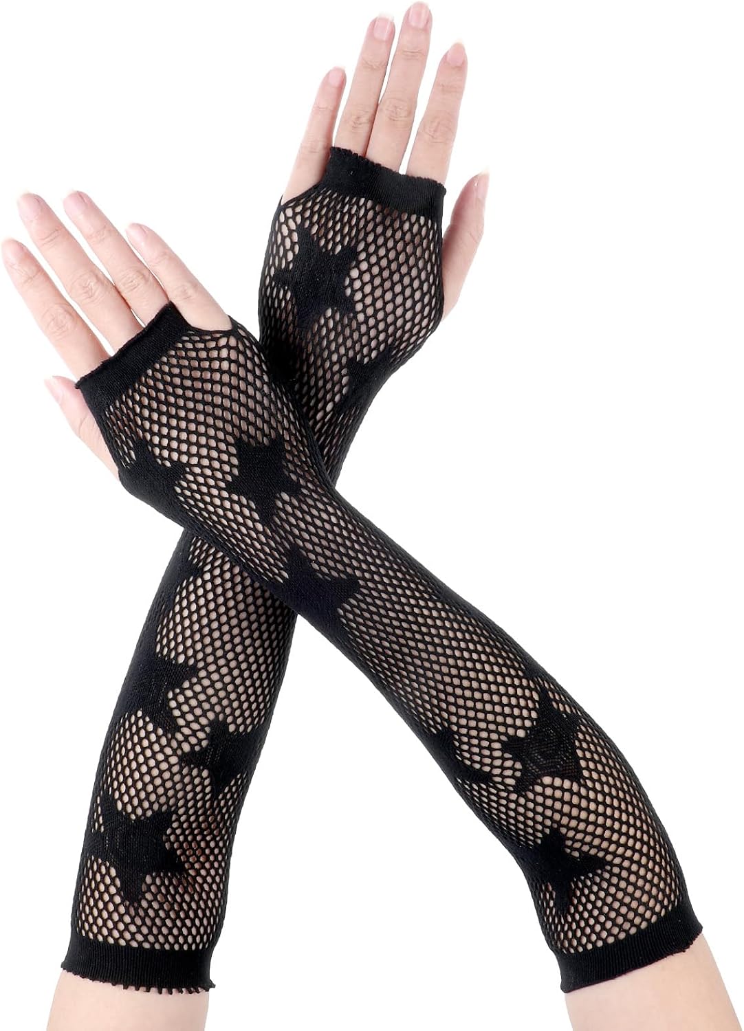 Fishnet Gloves Fingerless Five-Pointed Star Gloves Long Fishnet Arm Sleeves Black Mesh Gloves for Women Cosplay Punk 80s Emo Party Halloween Costume Scene Accessories