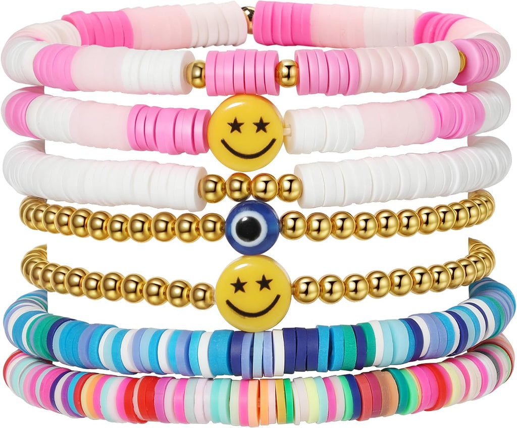 Colorful Smile Heart Star Bracelets Set - Polymer Clay Beaded Charm Jewelry for Women. Girls. Teens