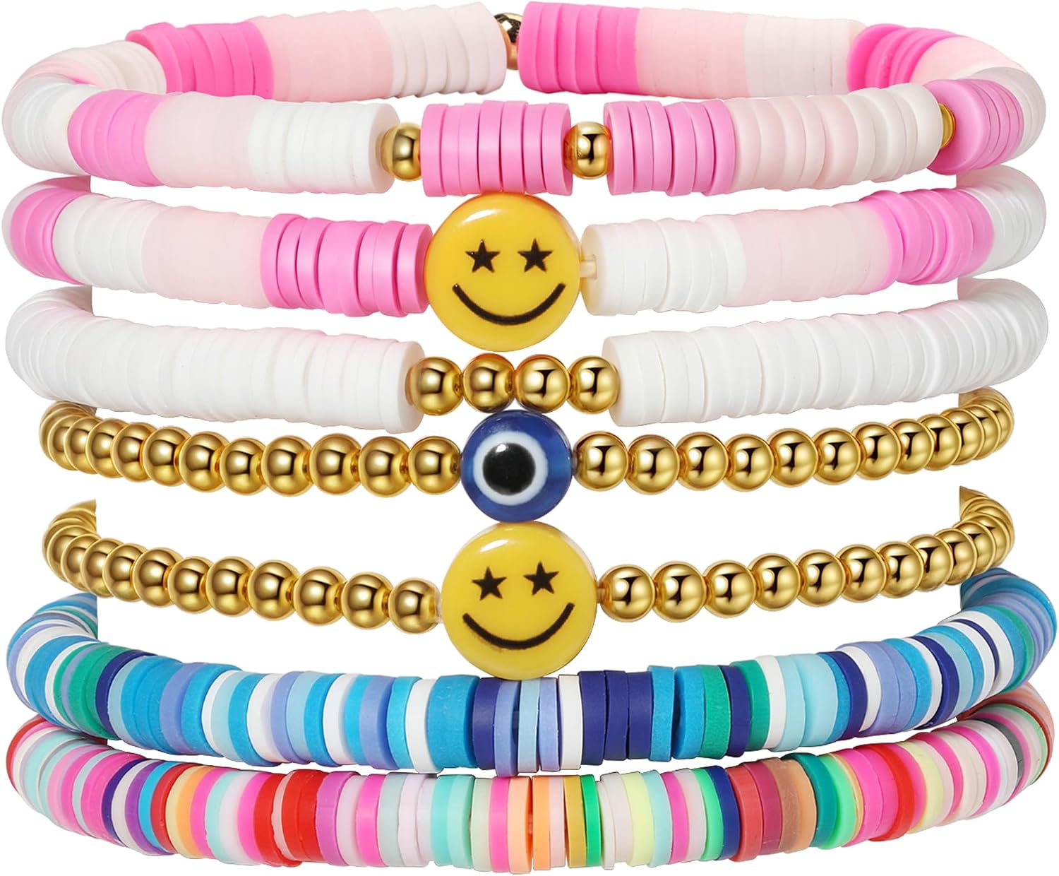 Colorful Smile Heart Star Bracelets Set - Polymer Clay Beaded Charm Jewelry for Women. Girls. Teens