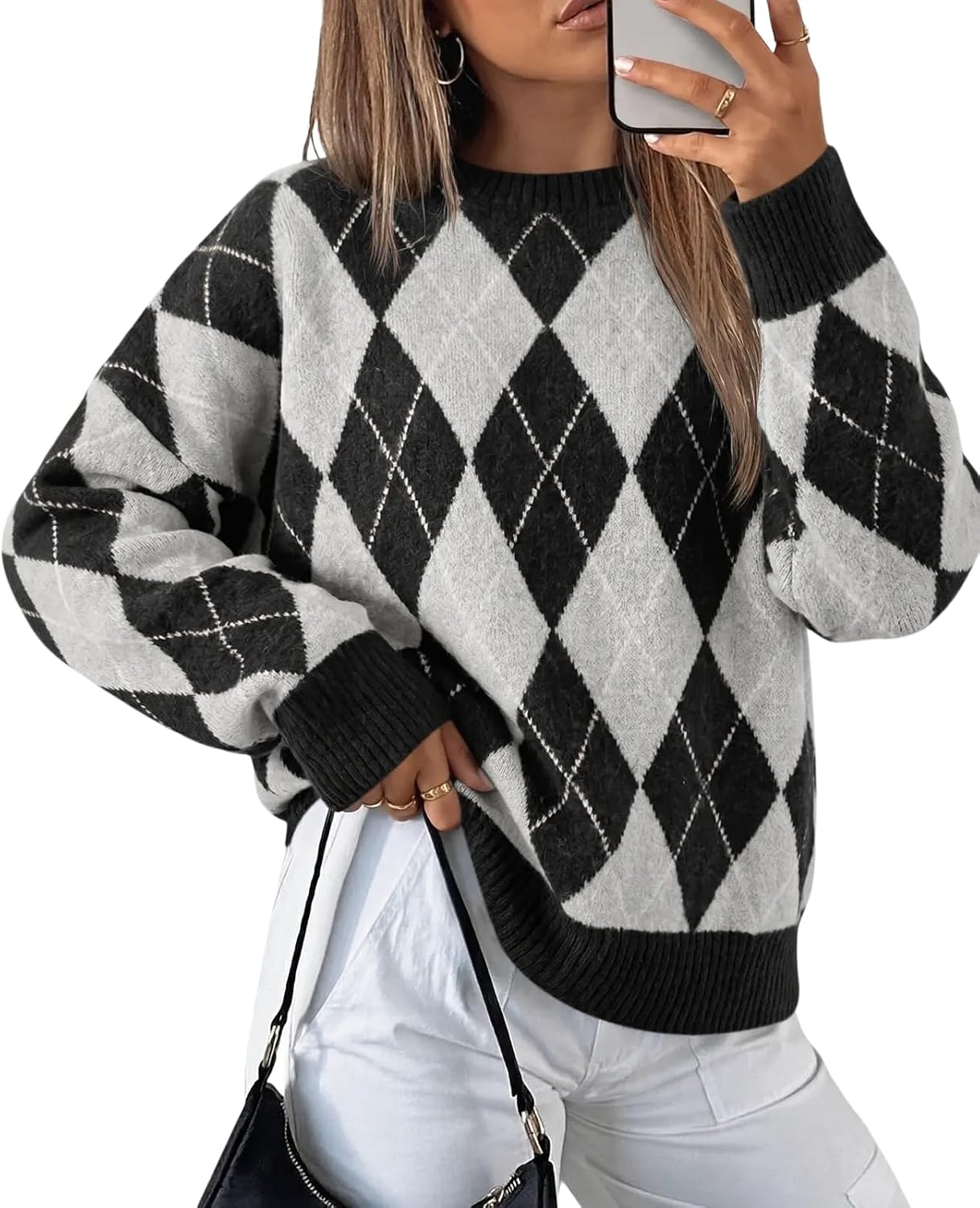 Womens Oversized Sweaters Long Sleeve Argyle Plaid Trendy Casual Fall Lightweight Knit Pullover Tops Brown
