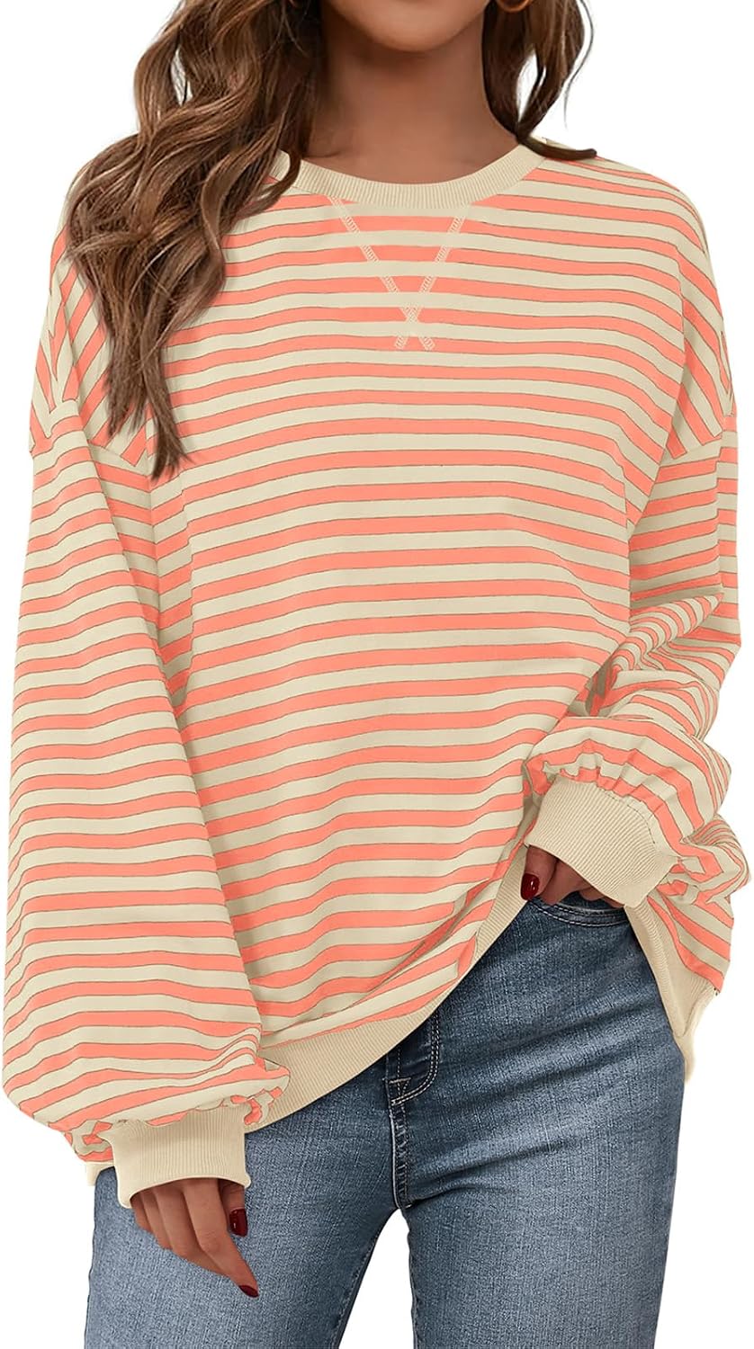 Womens Striped Oversized Sweatshirt Color Block Crew Neck Long Sleeve Casual Loose Pullover Top Y2K Clothes