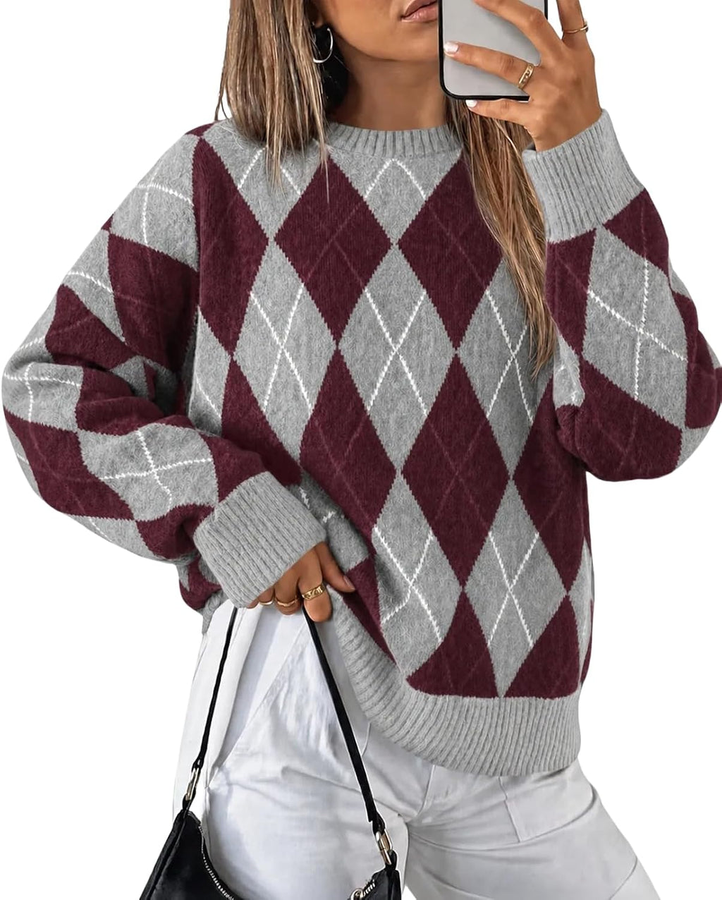 Womens Oversized Sweaters Long Sleeve Argyle Plaid Trendy Casual Fall Lightweight Knit Pullover Tops Brown