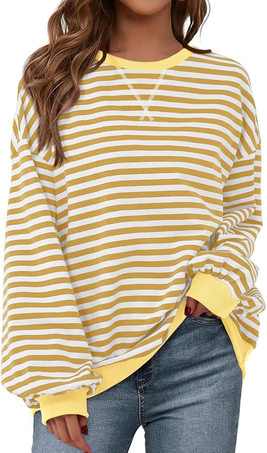 Womens Striped Oversized Sweatshirt Color Block Crew Neck Long Sleeve Casual Loose Pullover Top Y2K Clothes
