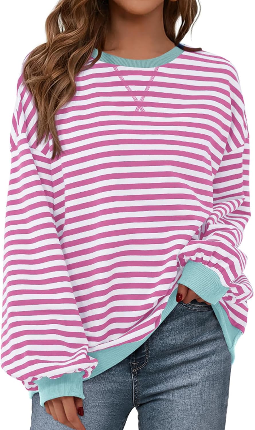 Womens Striped Oversized Sweatshirt Color Block Crew Neck Long Sleeve Casual Loose Pullover Top Y2K Clothes