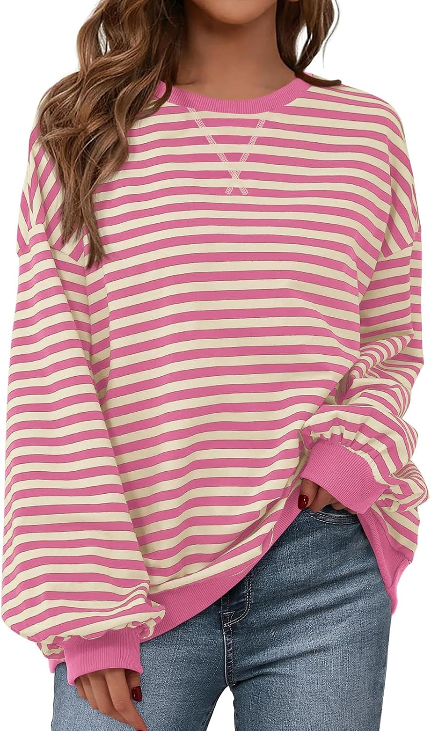 Womens Striped Oversized Sweatshirt Color Block Crew Neck Long Sleeve Casual Loose Pullover Top Y2K Clothes