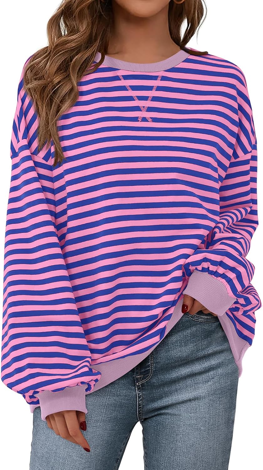 Womens Striped Oversized Sweatshirt Color Block Crew Neck Long Sleeve Casual Loose Pullover Top Y2K Clothes
